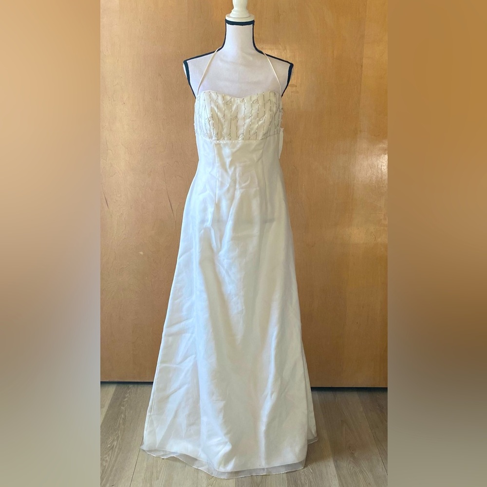 NWT Vintage Sz 10 New Image Cream & Silver Empire Waist Halter Formal Gown